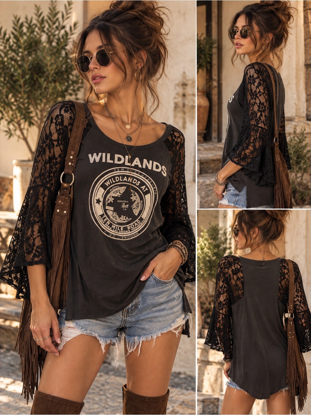Urban Outfitters Wildlands Graphic Lace Sleeve Top Black XS Boho Grunge indie